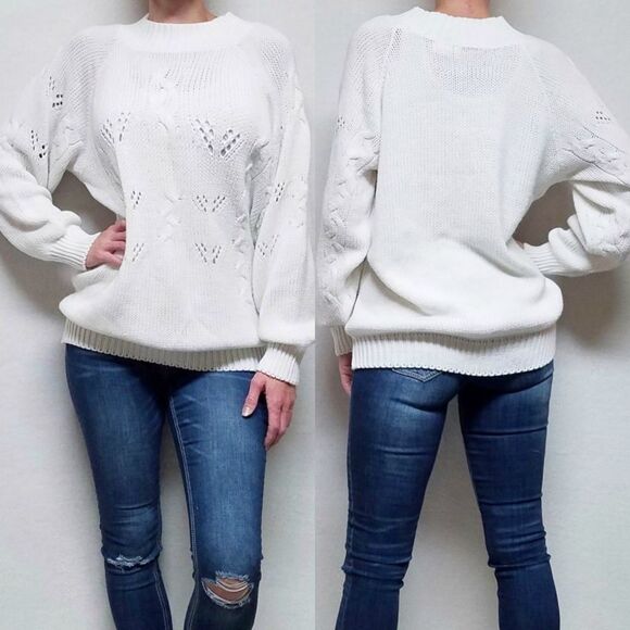 VINTAGE 80s Blue Reign White Corded Mock Neck Oversized Sweater Medium